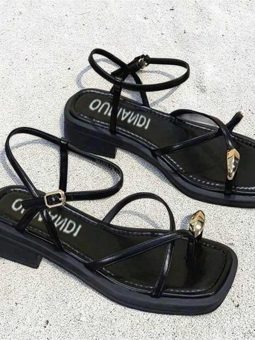 Black Strappy Toe-Ring Sandals with Gold Accent - Unlabeled Brand